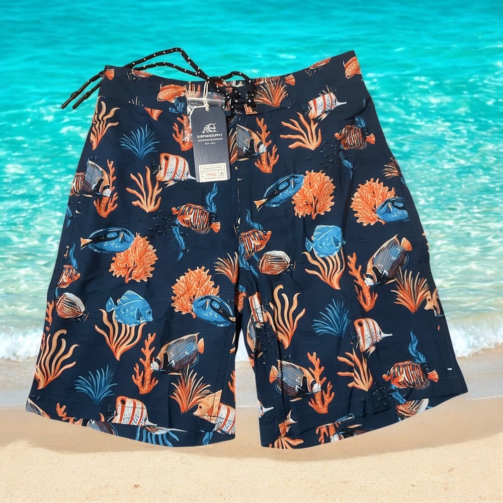 Surfside‎ Vibrant Tropical Fish & Coral Swim Shorts Men's Size XS Lined NWT